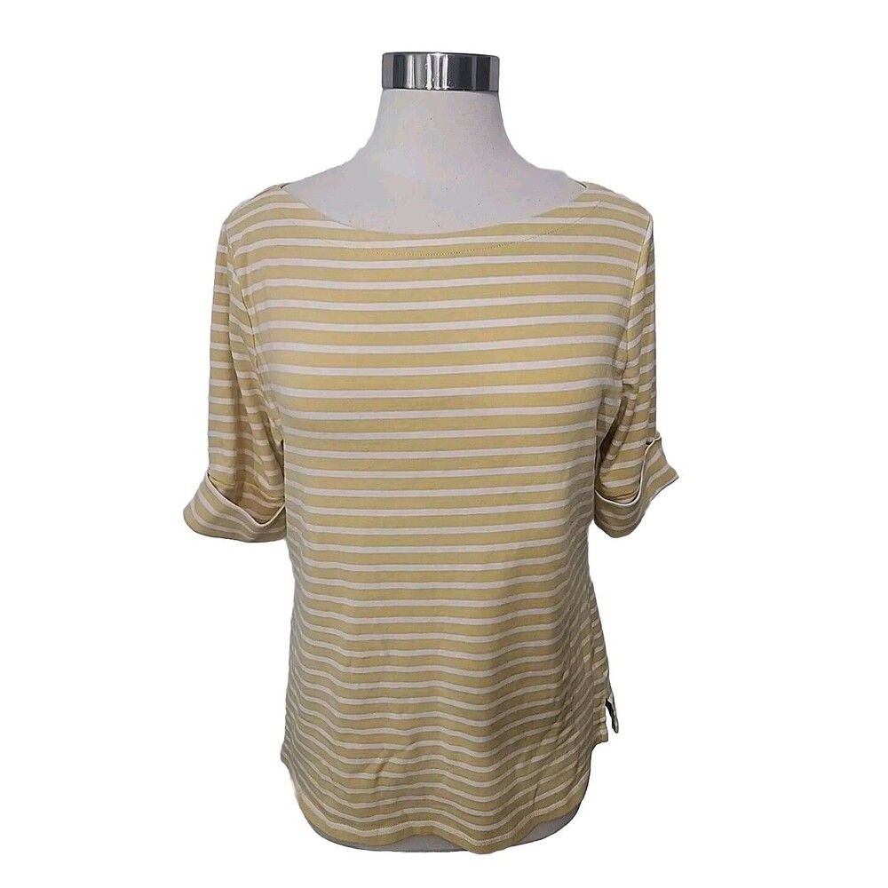 Chaps Womens Knit Top 2XL Yellow White Stripe Short Sleeve Stretch Pullover